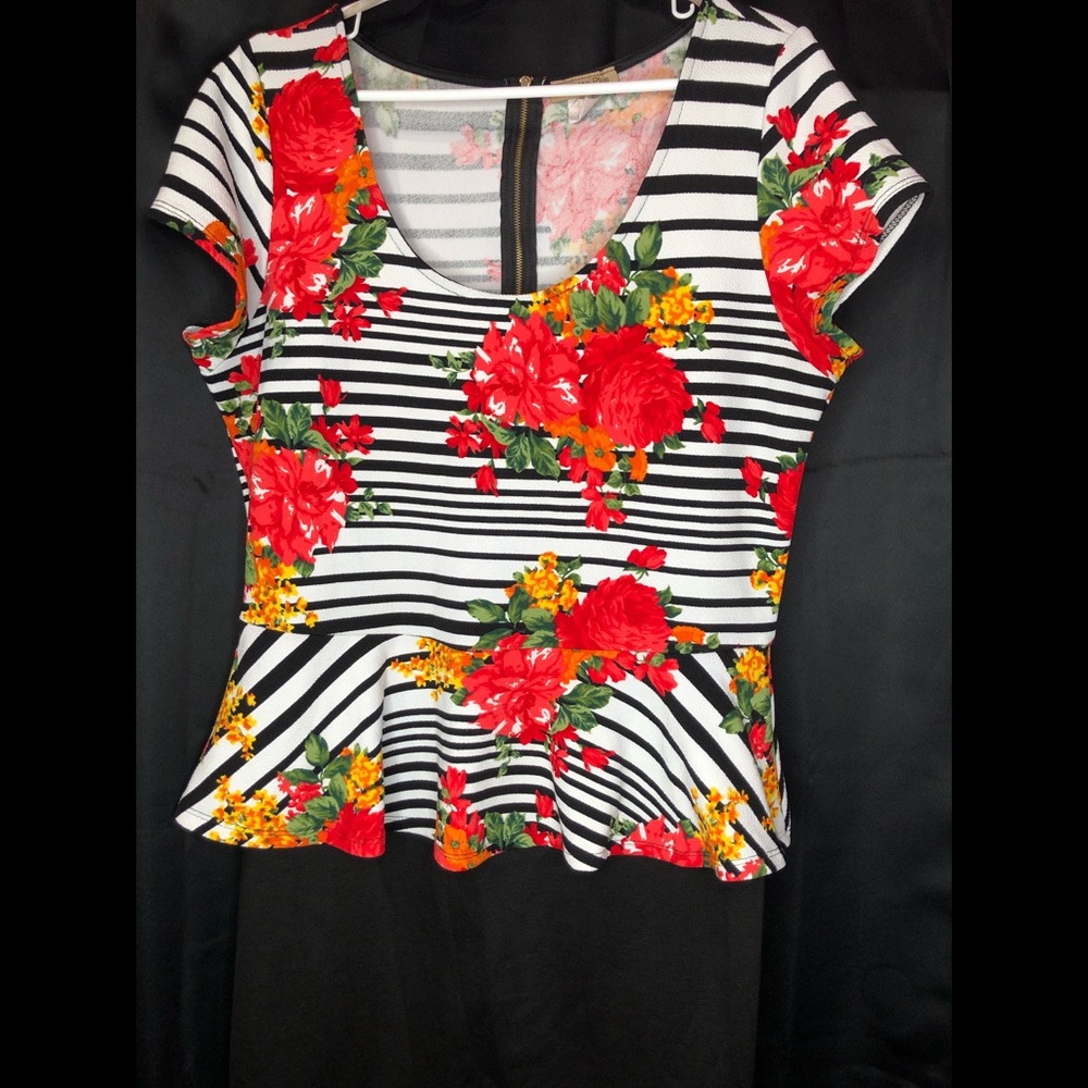 Plus Size Floral Striped Peplum Dress